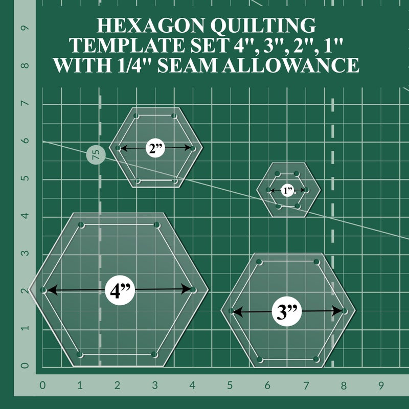 LaserThing Hexagon Quilting Template Set - 4", 3", 2", 1" Sizes with 1/4" Seam Allowance - Durable Acrylic Templates for Quilting, Patchwork, Crafting, & Sewing Projects - Clear Templates for Accuracy - Image 3
